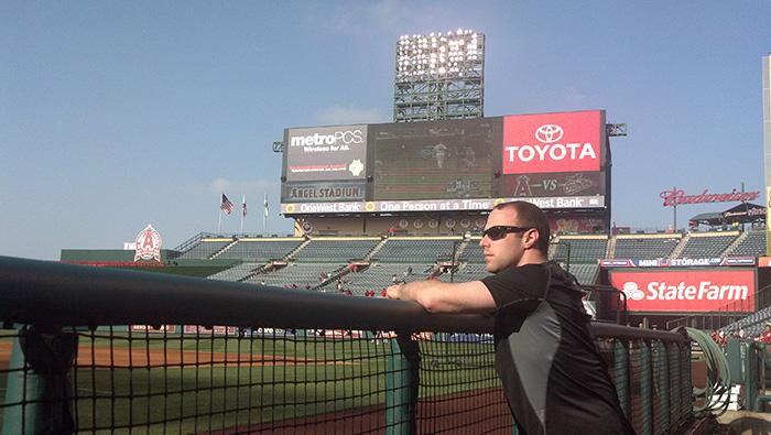 Ben Werthan '08 takes in Angel Stadium in Anaheim, California, long before the Orioles take the field.