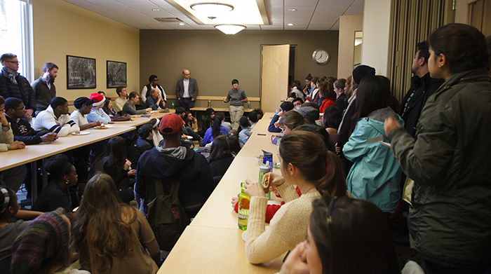 At the start of the discussion, audience members sat on the floor and stood against the wall, filling up a HUB side room, while still more students filed in. The event was soon moved to the Mathers Theatre to accommodate the audience.