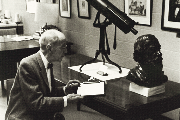 Boyd Lee Spahr, class of 1900, with Joseph Priestley’s telescope and the Conway bust, 1967.
