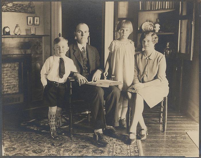 Martha (Calvert) Slotten and her brother and parents, 1928. Martha shared this picture when recording her childhood memories.