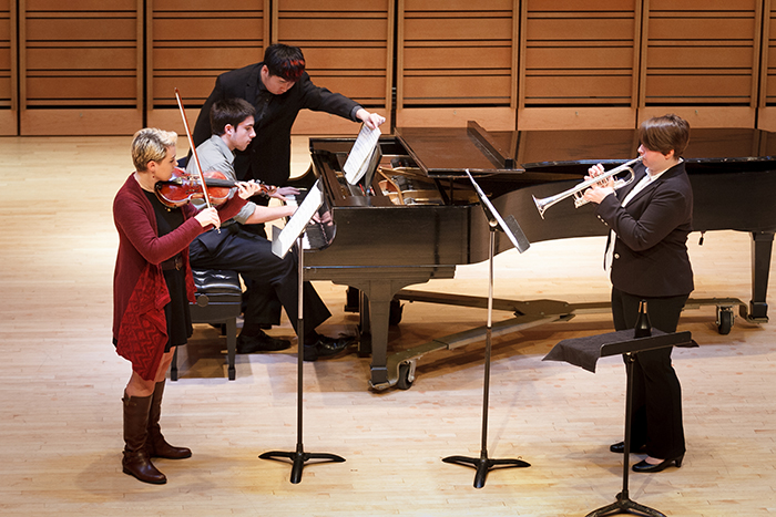 students perform chamber music in Rubendall Recital Hall.