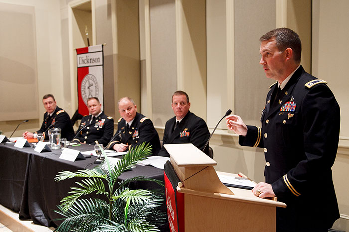 Decorated officers from the U.S. Army War College discuss national policy issues at Dickinson.