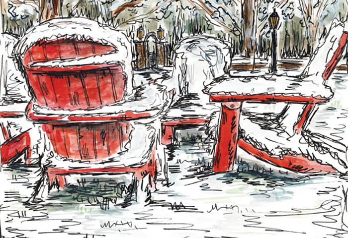 Illustration of a wintry campus. Cover art (detail) by Colleen Freichs '17,