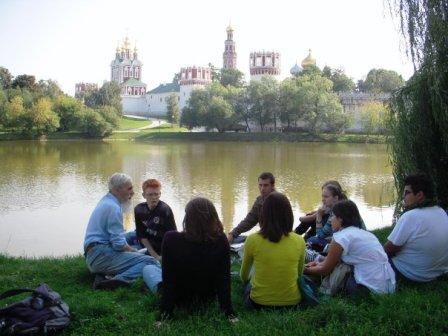 Dickinson students have a class outside during their Dickinson-in-Moscow program.