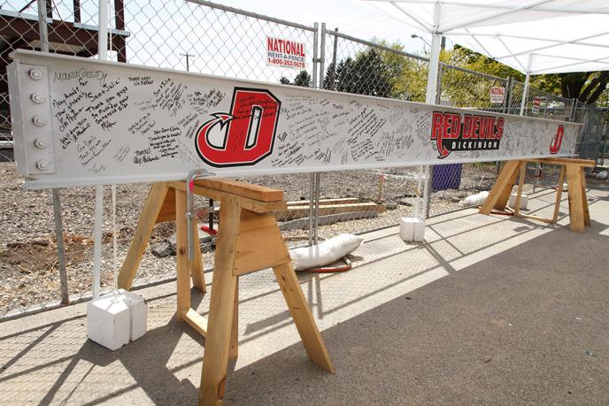 Picture of signed beam at construction site of Durden Athletic Training Center