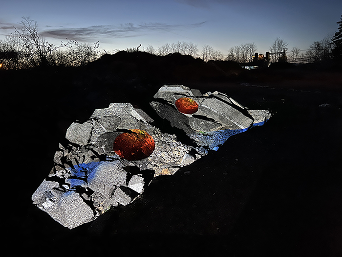 Rachel Eng, Asphalt Pile, 2024, construction sites in South Central, PA, video projection, photography.