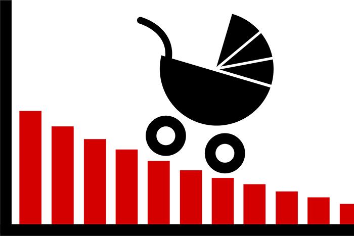 Graphic depicting a baby carriage rolling down a bar graph, which is declining from left to right.