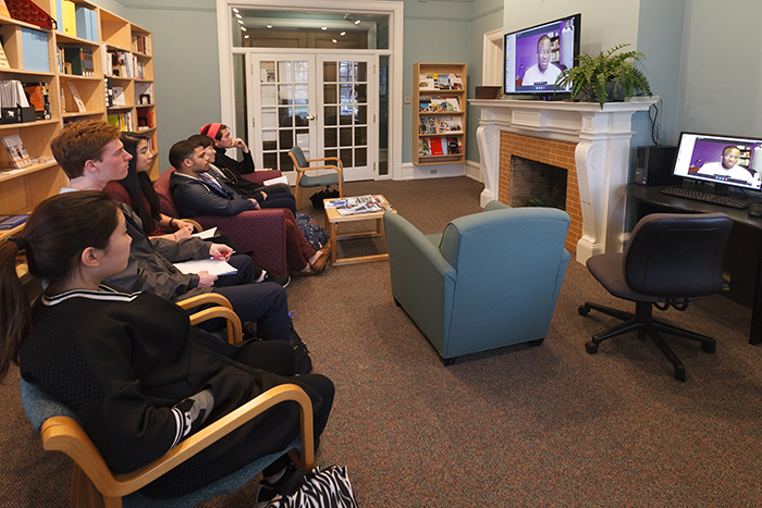 Darrell Pacheco '12 delivered advice via Skype to students in the Career Center. Photo by Carl Socolow '77.