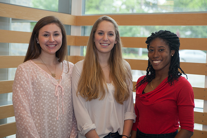 Juniors (from left): Emma Batchelder, Jessica Hampton and Aphnie Germain. Not pictured: Courtney Capella, who graduated in February. Photo by Carl Socolow '77.