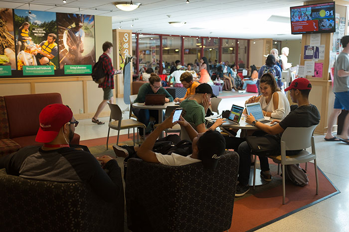 Students in the Hub center