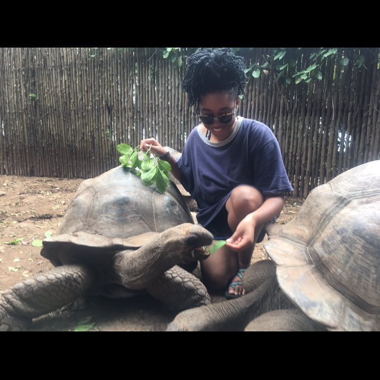 Karin Carthins feeding turtles in Tanzania, Africa