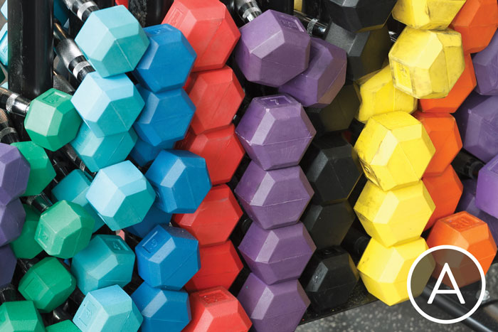 Stack of colorful barbells in the Kline Fitness Center.