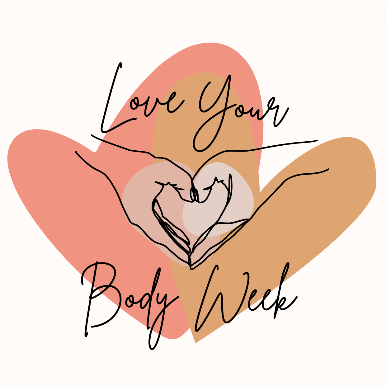 two stylized hearts with "love your body week" and two hands making a heart symbol