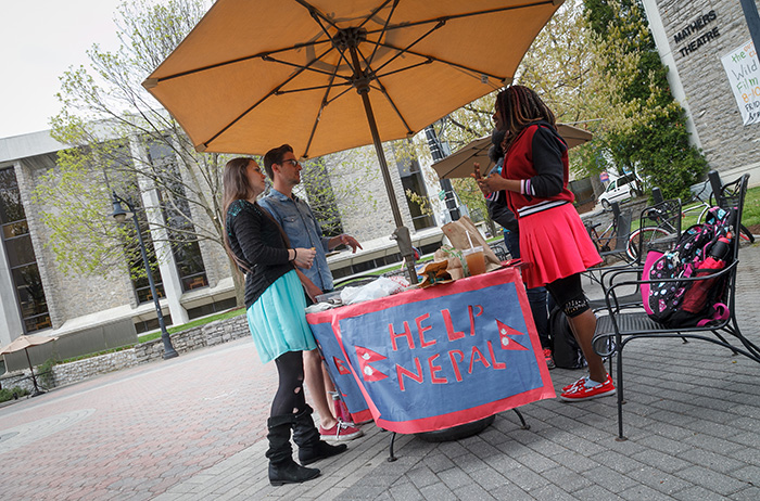 Madonna Enwe '16, a neuroscience major (far right), organized a relief effort for victims of the earthquake in Nepal. Photo by Carl Socolow '77.