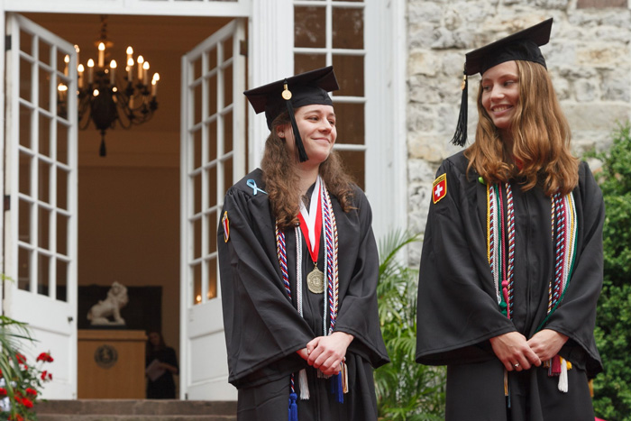 Jillian Paffenbarger '18 (left) and Natalie Ferris '18 earned the The John Patton Prize for High Scholastic Standing and The James Fowler Rusling Prize respectively. Photo by Carl Socolow '77.