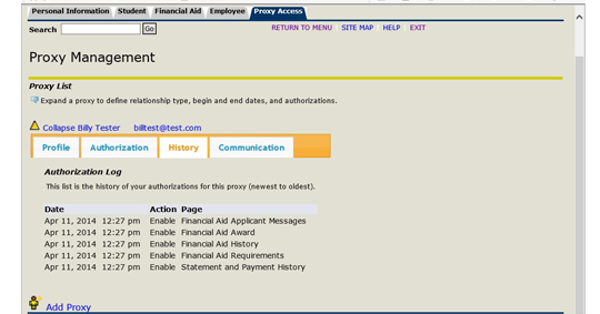 Proxy management history screen shot