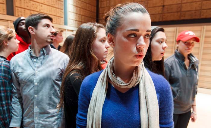 Students sing in a workshop with Eric Dudley (far left), a tenor in Roomful of Teeth.