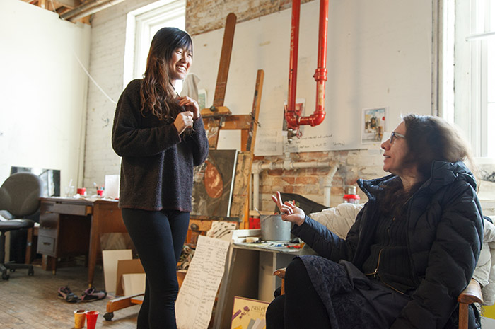 World-renowned artist Judith Schaecter discusses life and art with studio-art major Tesha Chai '14. Schaecter is one of nearly a dozen acclaimed artists, performers, musicians and writers who served residencies at Dickinson in 2013-14.