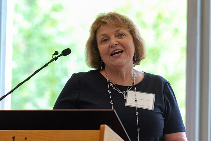 Harriet Marcus Lehman '72 delivers moving remarks during the 2019 Scholarship Luncheon. Photo by Carl Socolow '77.