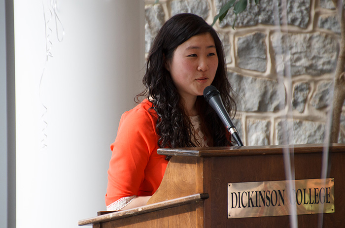 Gloria Hwang '16 delivers a brief address during the spring 2014 launch party for Dickinson Science Magazine.