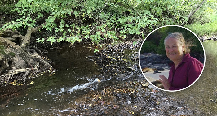 Susanne Lee &#039;67, a former EPA attorney, is auditing an environmental-studies class. For her class project, she collected samples from this stream near her home.