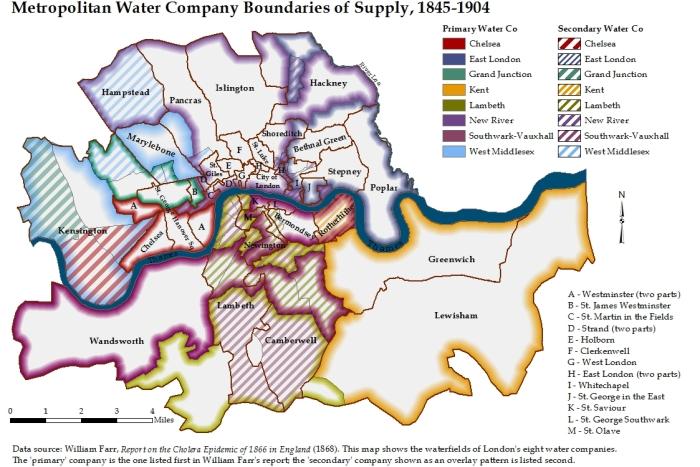 A map shows how cholera spread through London's water-supply system.