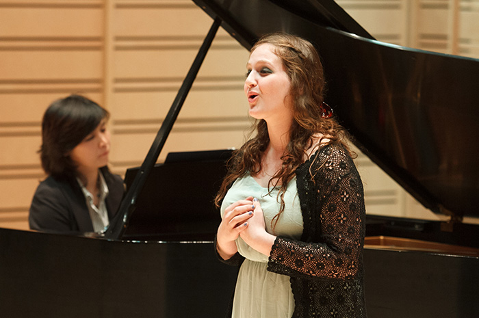 Ann Fogler '15 performs during a 2014 vocal master class, accompanied by Instructor of Piano Eun Baik-Kim. It was just one of many stepping stones to the ultimate performance-major experience, the senior recital. Photo by Carl Socolow '77.