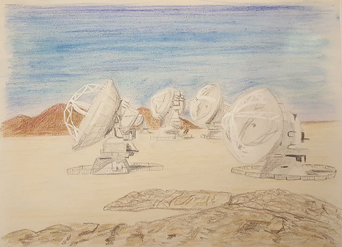 Wilkins' sketch of the Atacama Large Millimeter/submillimeter Array (ALMA) in Chile, one of the telescopes she uses to study methanol in Orion.