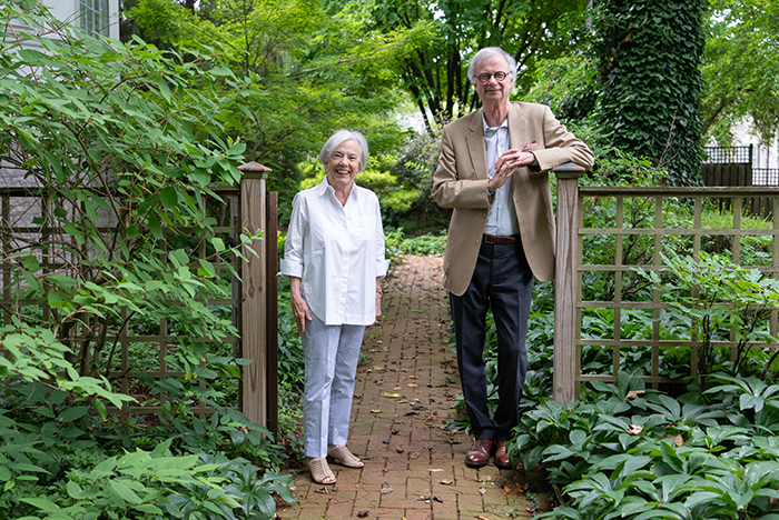 Bill '71 and Elke Durden in the garden of the Historic President's House, soon to be transformed into the state-of-the-art John M. Paz '78 Alumni & Family Center. Photo by Dan Loh.