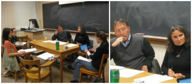 Caitlin Moriarty ‘13, Alexandra North ‘13, and Maria Smirnova ‘13 work through a particularly difficult passage with Vera Pavlova and her translator Steven Seymour.