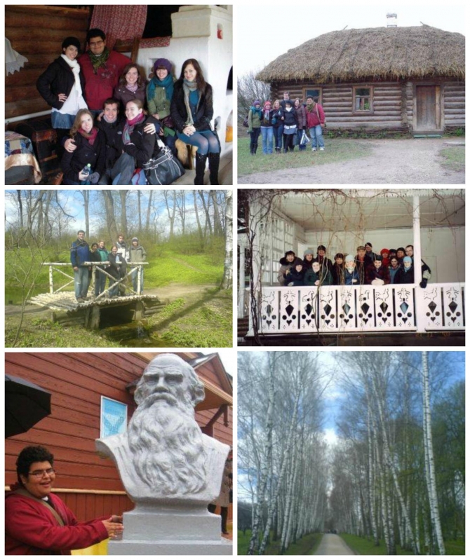 Various photos of Russian students exploring Yasnaya Polyana, Leo Tolstoy's family estate.