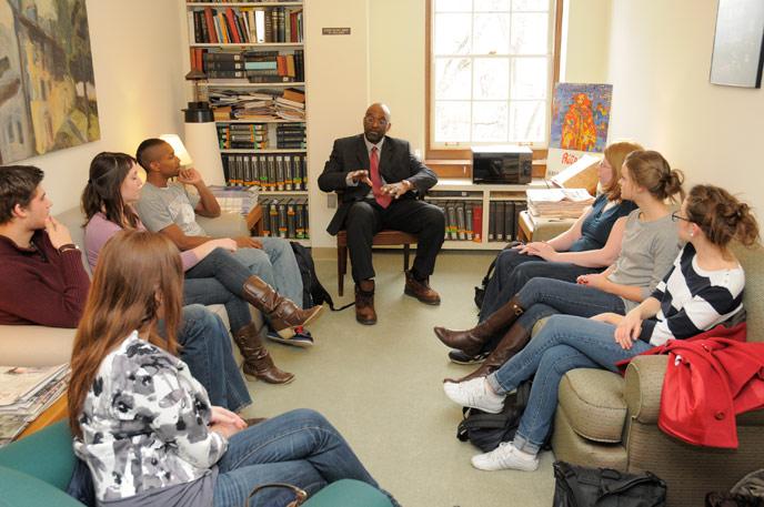 Cogan Fellow Frank james visits with students.