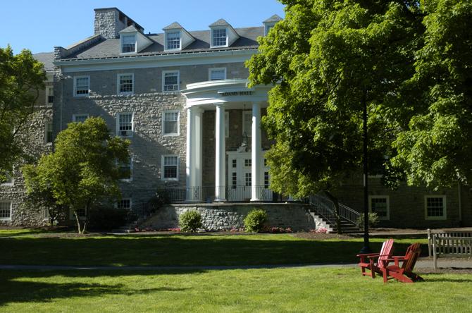 Exterior of Adams residence hall. 