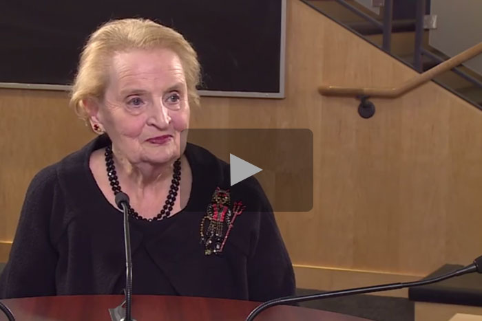 A stillframe of Madeleine Albright roundtable video