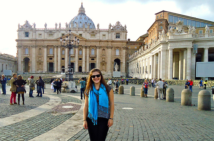 Ashton Fiucci ’15 poses in Vatican City during a trip to Italy. She recently helped edit a new academic journal investigating gender in Italian culture.