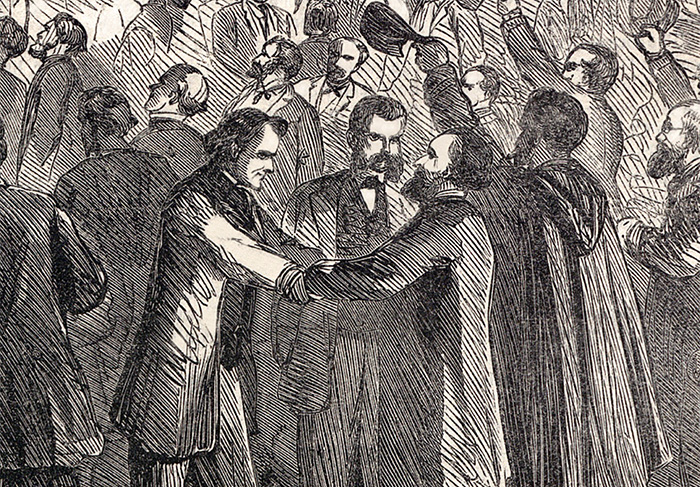 Detail from the cover of Harper's Weekly Magazine (Feb. 18, 1865), depicting the final passage of the Thirteenth Amendment. Shaking hands are (left to right): Thaddeus Stevens, William D. Kelley and John A.J. Creswell.