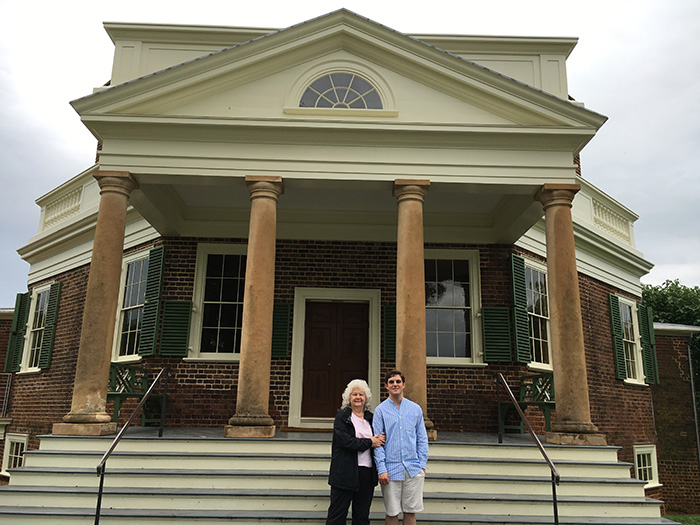 Cooper Wingert '20 poses with fellow historian Carole Hemingway at Poplar Forest, Thomas Jefferson's retreat house in southern Virginia.