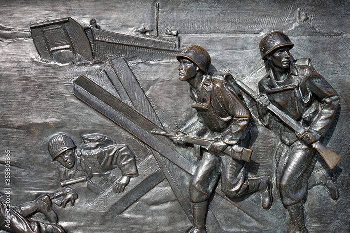 Relief showing beach landing during the Allied invasion of Normandy in 1944, World War II Memorial in Washington, D.C.