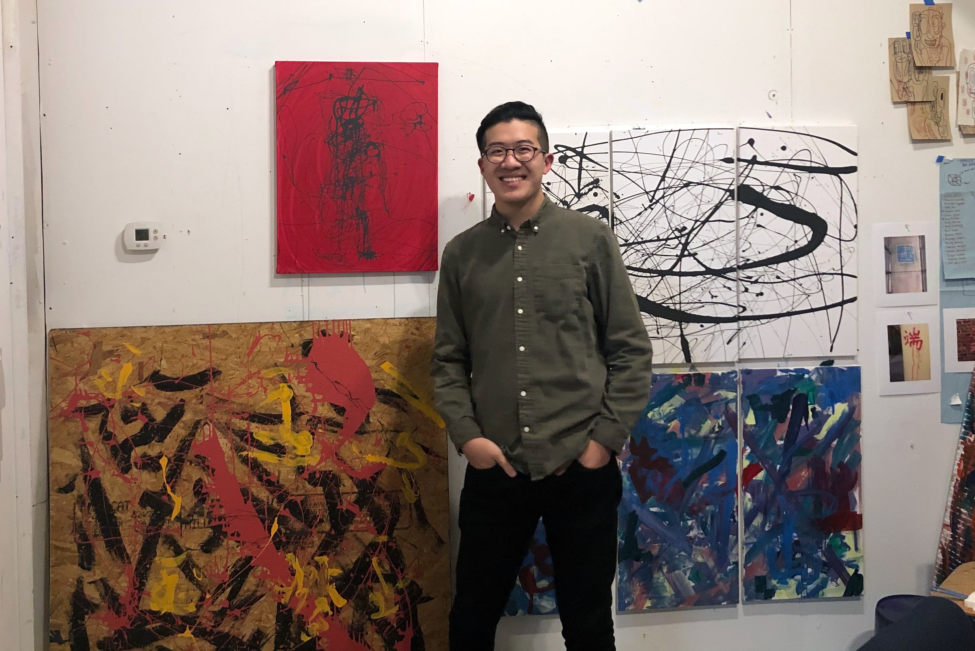 Duanduan Hsieh '19 poses with some of his works-in-progress in his Goodyear studio.