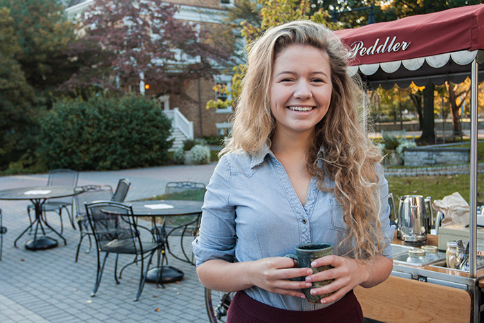 Emily Whitaker '17 is a student-leader on campus and a barista for the student-run, sustainably sourced coffee stand, The Peddler.