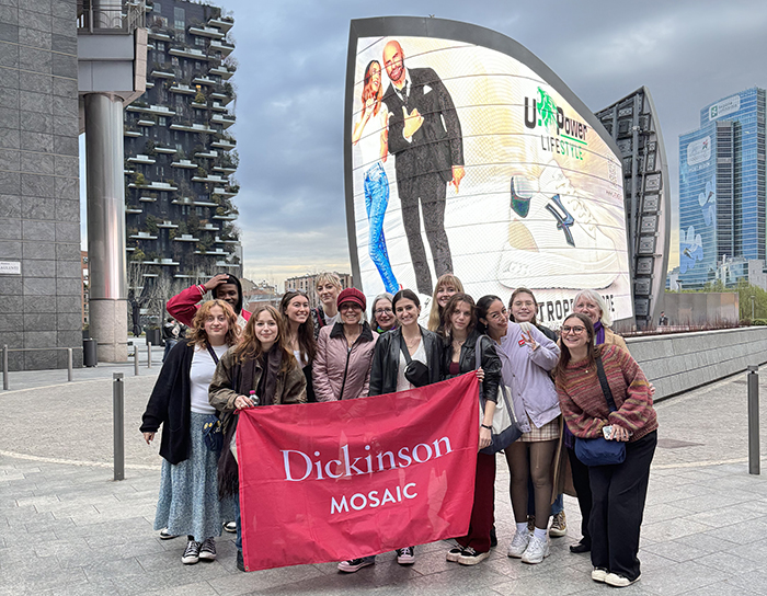 Students in Dickinson's spring 2024 Mosaic pose in Milan during their research trip to Italy.