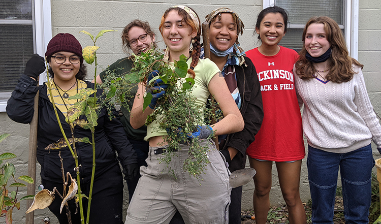 Pollinator garden volunteers at work day 