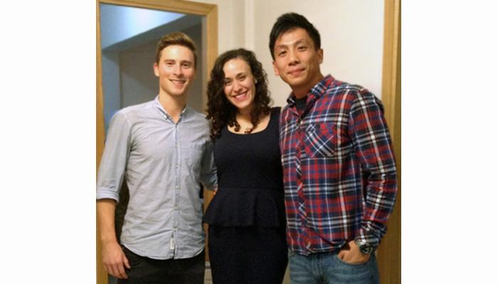 Wyatt Lonergan '11 (left), Mariel Fredericksen '11 and Ben Wong '08 pose for a photo during a birthday celebration in Hong Kong. The three alumni, who each work in China, meet regularly throughout the year.