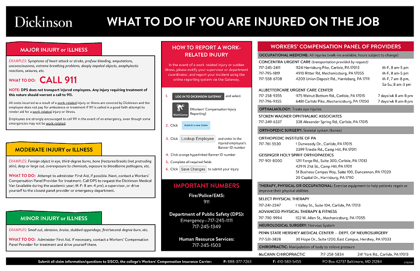 "What to do if you are injured on campus" poster