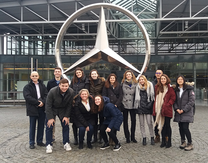 Students taking a class on global human-relations practices visited the largest Mercedes Benz plant in the world during a winter break trip to Germany and Denmark.