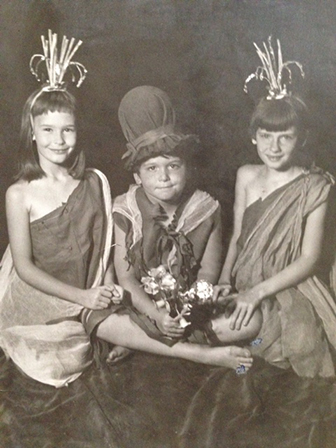Wendy Moffat (far right) as Mustardseed, in 1959. Also pictured: Sarah Jane Lithgow (left) and David Holbrook. Photo courtesy of Moffat.