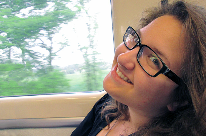 Olivia Wilkins, on the train in East Anglia, England.