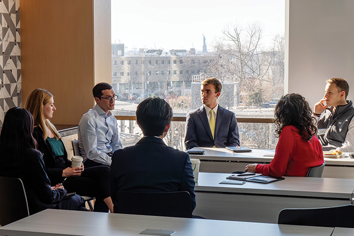 Students engage in discussion at a Career Trek in NYC at Morgan Stanley