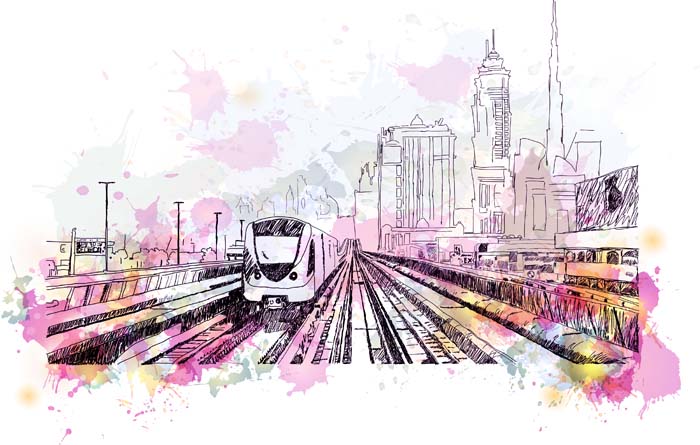 stock art of train station with purple watercolor treatment