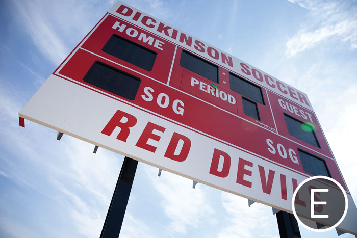 Scoreboard at Phyllis Joan Miller Memorial Field, home of Red Devil soccer.